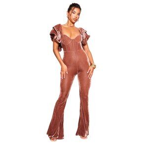 NWT 0 PrettyLittleThing Brown Velvet Jumpsuit Ruffle Sleeves Lace-Up Detail